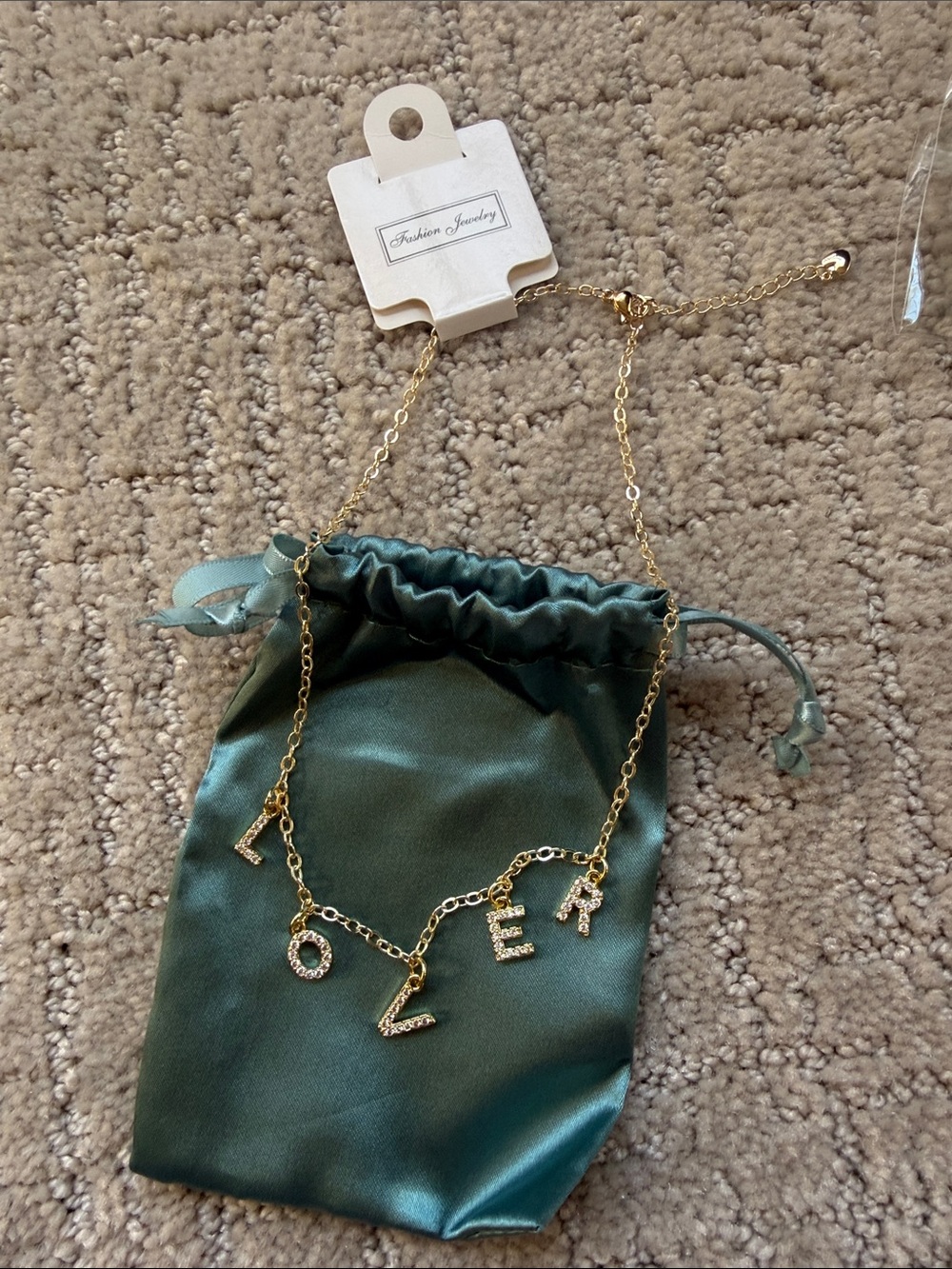 Gold 'LOVER' Letter Charm Necklace in Green